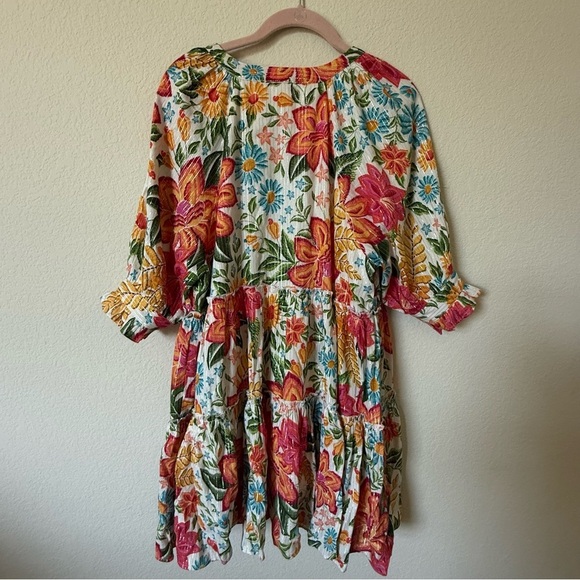 En Crème Floral Printed Puff Sleeve Tiered Mini Dress with Lurex Medium - Picture 5 of 15